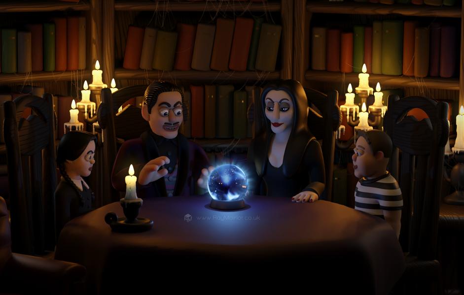 A 3D render of Wednesday, Gomez, Morticia and Pugsley Addams sitting around a table looking at a blue, glowing, crystal ball on it.